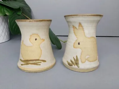 Pair Of Vintage Studio Pottery Egg Cups Handpainted Rabbit & Chicken • £12.95