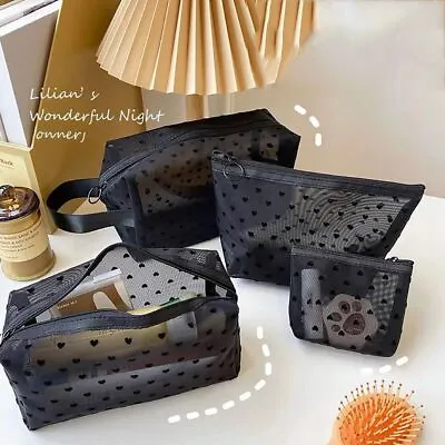 Black Love Heart Mesh Cosmetic Bag Transparent Make Up Bag Travel Storage Bag • £3.02