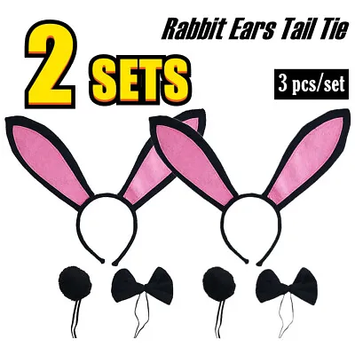 2 PACK Rabbit Headband Ears Tail Bow Tie Set Cosplay Fancy Dress Party Christmas • £7.77