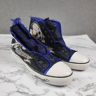 Ed Hardy Shoes Mens US 11 Blue Canvas Graphic High Top Skull Flames Laceless • $41.22