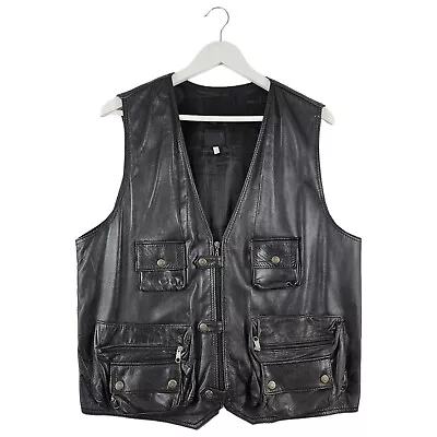 Vintage Mens Black Leather Biker Waistcoat Sleeveless Jacket Size Large L • $43.16