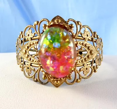 Vintage Gold Tone Cuff Bracelet Huge Lucite Cabochon Confetti Rainbow Color • $15