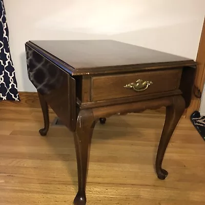 Vintage Ethan Allen Solid Cherry Queen Anne Style Drop Leaf Side Table W/Drawer • $299.99