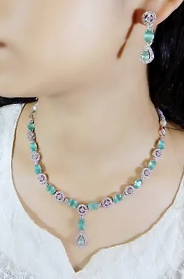 Bollywood Designer Indian Silver Plated AD CZ Necklace Jhumka Ear Set • $14.95