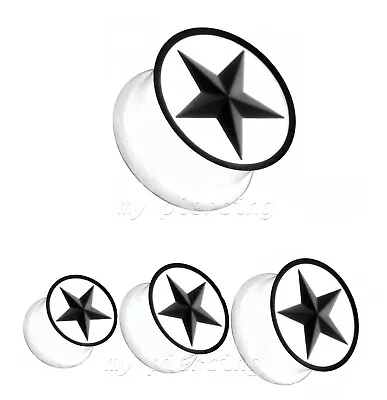 PAIR 2G To 5/8  Black Star In White Flexible Silicone Double Flared Ear Plugs • $8.84