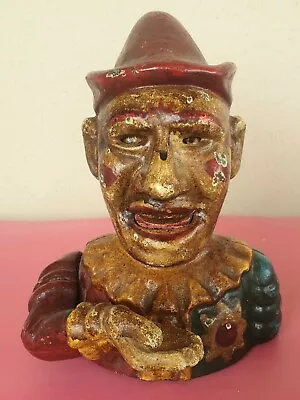 Vintage Cast Iron Mechanical Clown Money Box Coin Bank Working Order • $125