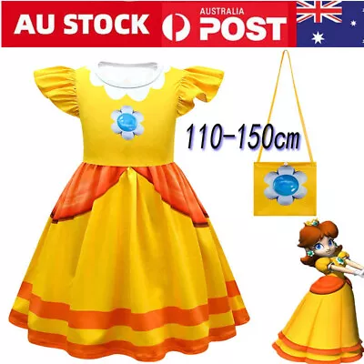 Girls Daisy Princess Super Mario Bros Cosplay Costume Dress Party Fancy + Bag AU • $32.99