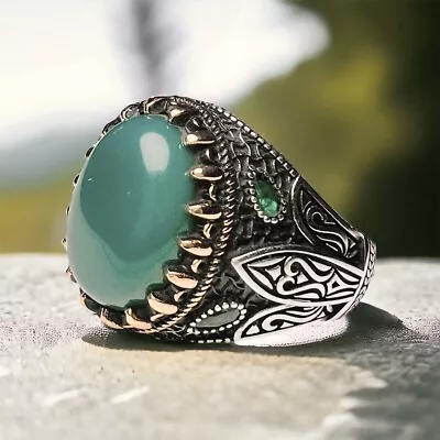 Men Green Agate Ring Sterling Silver Vintage Ring Oval Aqeeq Gemstone Ring • $49.95