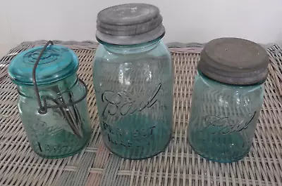 3 Different Vintage Aqua Blue Ball Canning Jars - 2 W/Zinc Lids & 1 Bail Top • $33.99