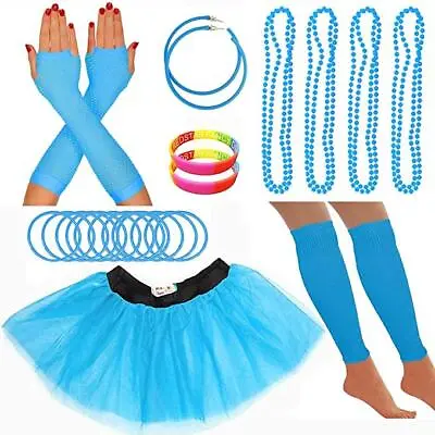 Neon Turquoise Tutu Legwarmers Gloves Beads Bangles Hoops Hen Party Fancy Dress  • £12.95
