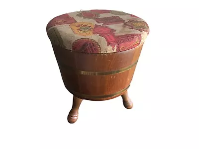 Vintage MCM Wood Barrel Sewing Notions Box 3 Leg Stool Retro Upholstered Fabric • $50.66