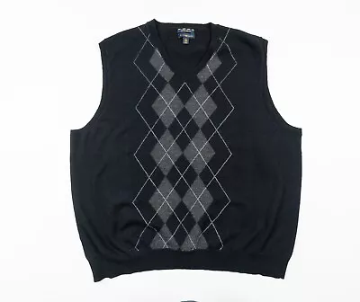 Club Room Sweater Men's XLarge Black Vest Sleeveless Estate Merino Wool Argyle • $17.99