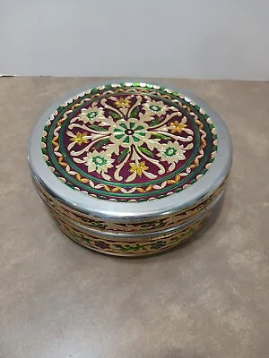 Meenakari? Floral Decorative Heavy Steel Round  Trinket Box  8  X 3  Silver/gold • $19.99