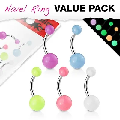 5 Pack Of Belly Bars Navel Piercing Rings With Glow In The Dark Balls  • £3.99