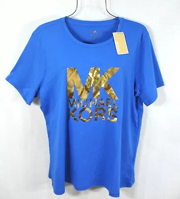 Michael Kors Women's T-Shirt Size M Blue Gold-Tone  MK Logo Top Blouse NWT • $34.95