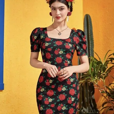 NWT Frida Kahlo SHEIN Mini Dress Black W/ Red Roses Women’s Size L Bodycon NEW • $23.99