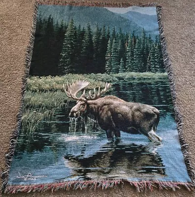 Vtg 1988 Artists Cabin Elk Moose Blanket 48X66 Throw Wildlife Animal Outdoors • $37.15