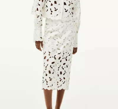 NWT H&M Satin Midi Skirt W/ Eyelet Embroidery White Sizes 2 4 6 8 10 14 16 18 • $99