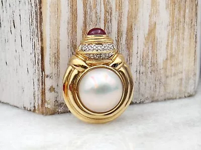 Vintage 14K Yellow Gold Large Mabe Pearl Diamond & Ruby Pendant Hinged Bail • $939.99