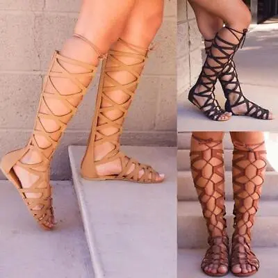 Women Knee High Gladiator Sandals Strappy Beach Flat Shoes Cut Out Lace Up Boots • $33.89