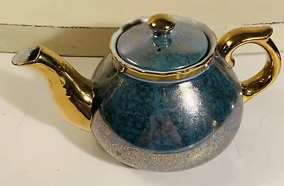 Vtg Blue Lusterware Teapot Gold Trim No Stains 4 Cup Floral Design Pretty MCM • $22.95