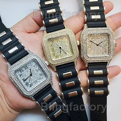 Unisex Hip Hop Full Iced Black Silicone Bullet Band Square Bling Wrist Watch • $25.99