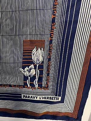 Paravy L'Herbette Scarf Vintage 100% Silk Hand Rolled Tulips 22” Square Blue • $3