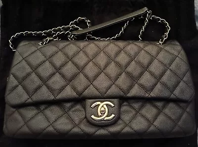 Preloved Chanel Jumbo Easy Flap Quilted Caviar In Black Silver Hardware  • $3650