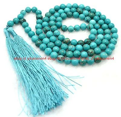 £9.59 • Buy 6/8/10mm Blue Turquoise Gems 108 Prayer Beads Tassel Pendant Tibet Mala Necklace