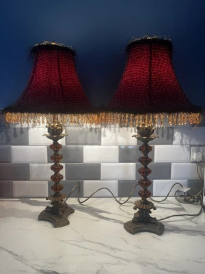 £60 • Buy Victorian Style Brass & Resin Base Table Lamp With Beaded Shade/Fringe Boho 31”