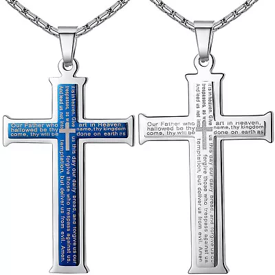 Mens Stainless Steel Large Bible Lord's Prayer In English Cross Pendant Necklace • $17.08