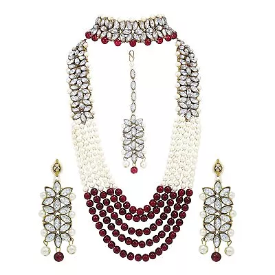 I Jewels 18K Gold Plated 5 Layers Kundan & Pearl Beaded Moti Raani Haar (Maroon) • $35.99