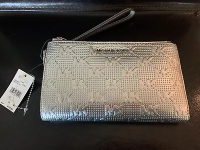 Beautiful NWT Michael Kors Double Zipper Wristlet In Monogram Metallic Silver • $62