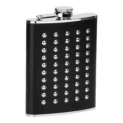 Hip Flask 8oz Stainless Steel Studded Black Leather Effect • £6.99