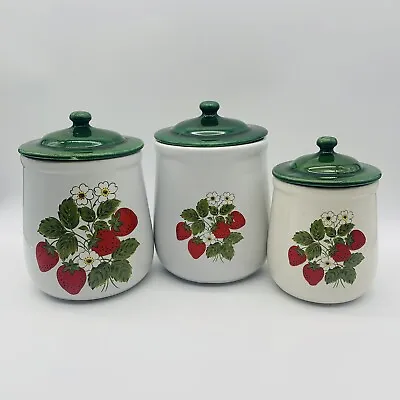 Set Of 3- Vintage 1970s McCoy Strawberry Country Canister Cookie Jar & Green Lid • $70