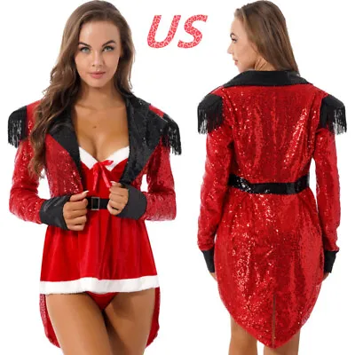 US Womens Sequins Circus Ringmaster Steampunk Tailcoat Jacket Halloween Costume • $8.45