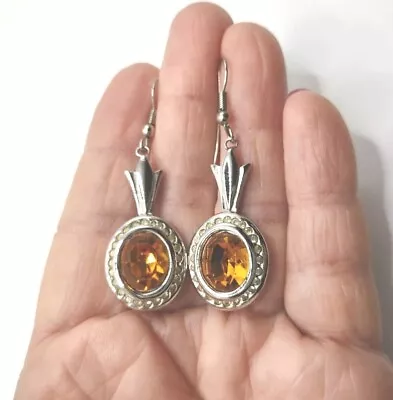 Vintage Silver Tone Amber Rhinestone Dangle Pierced Earrings B24 • $2.25