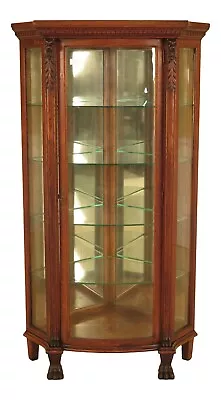 F28570EC: Antique Oak Curved Glass Corner Cabinet W. Lion Heads • $2295