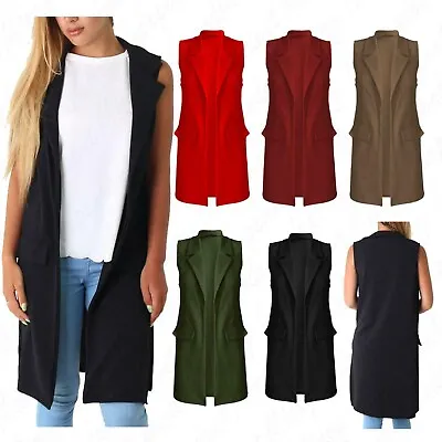 Women's Sleeveless Plus Size Crepe Mock Pocket Long Blazer Waistcoat Jacket Top • £15.99