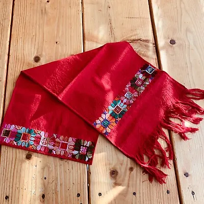 Maya Mexican Chiapas Red Rectangle Embroidered Table Runner Long Scarf 10x52 In • $18