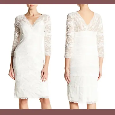 NWT $149 Marina 3/4 Sleeve Tiered Sequin Lace Dress In Ivory [SZ 8 ] #F547 • $49.99
