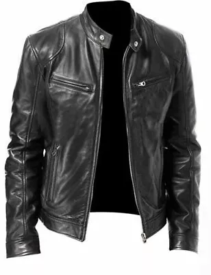 Leather Jacket Men Biker Leather Jacket Black Soft Sheep Skin Leather Jacket • $64