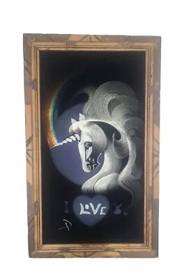 Velvet Unicorn Rainbow Painting Picture Framed 23x14  Mexico Kitschy Vintage 70s • $52.89