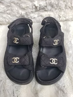 Chanel Black Quilted Fabric Diamond CC Dad Flat Sandals Size 38 • $450