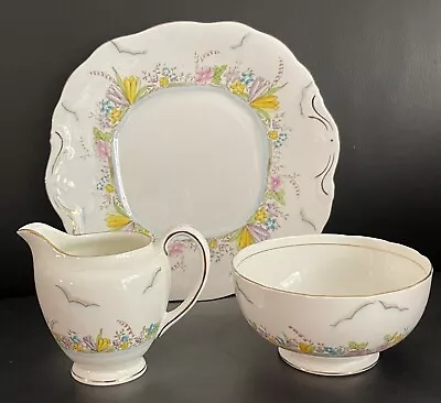 Salisbury Crown China Hand Painted Blush Pink Floral 3 Piece Set England 1920s • $49