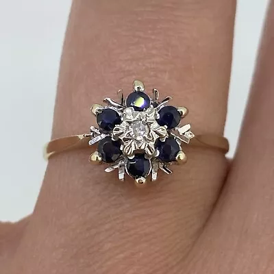 Sapphire & Diamond Daisy Flower Ring 9ct 9k Yellow Gold - Size N • £120