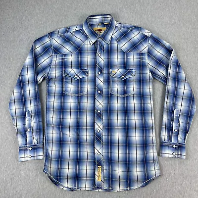 Larry Mahan Western Shirt Mens L Blue Plaid Diamond Pearl Snaps Long Sleeve • $28.85