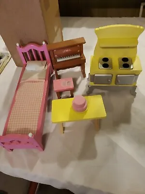 Kidkraft Dollhouse Wood Furniture Table Cake Bed Side Table Piano Stove Lot • $40