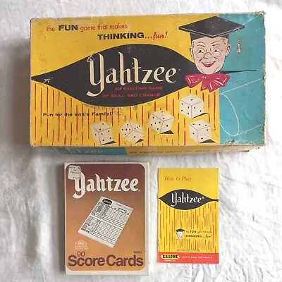 Vintage 1961 Yahtzee Game Set W/Original Box Score Cards Dice Chips Shaker.  L4C • $19.99