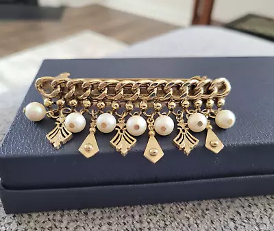 Vintage French Barrette Hair Clip Gold Tone Dangle Faux Pearls Made In France • $18